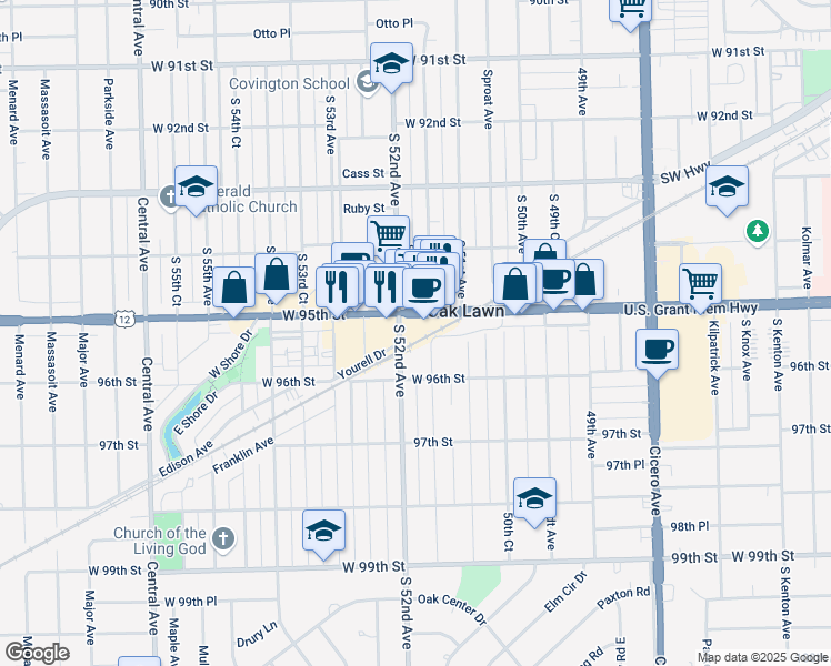 map of restaurants, bars, coffee shops, grocery stores, and more near 5149 95th Street in Oak Lawn