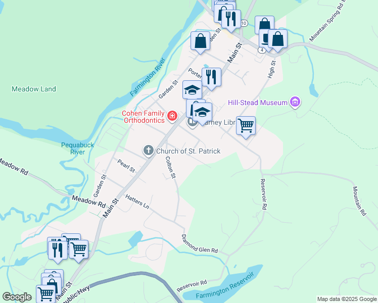 map of restaurants, bars, coffee shops, grocery stores, and more near 15 Carrington Ln in Farmington