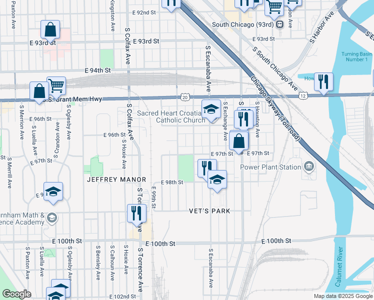 map of restaurants, bars, coffee shops, grocery stores, and more near 2840 East 97th Street in Chicago