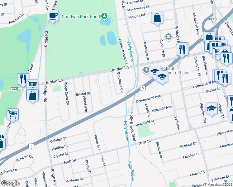 map of restaurants, bars, coffee shops, grocery stores, and more near 97 Brookside Circle in Wethersfield