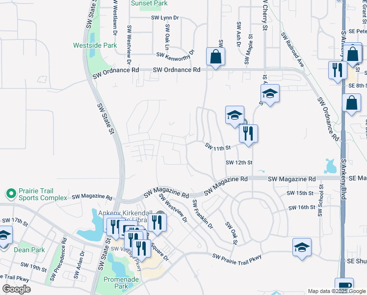 map of restaurants, bars, coffee shops, grocery stores, and more near 1103 Southwest 11th Street in Ankeny