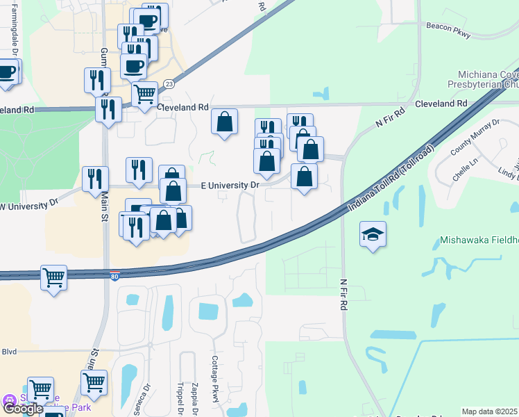map of restaurants, bars, coffee shops, grocery stores, and more near 6522 Summer Place Drive East in Granger