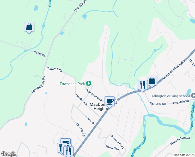 map of restaurants, bars, coffee shops, grocery stores, and more near 3 Harvard Drive in Poughkeepsie