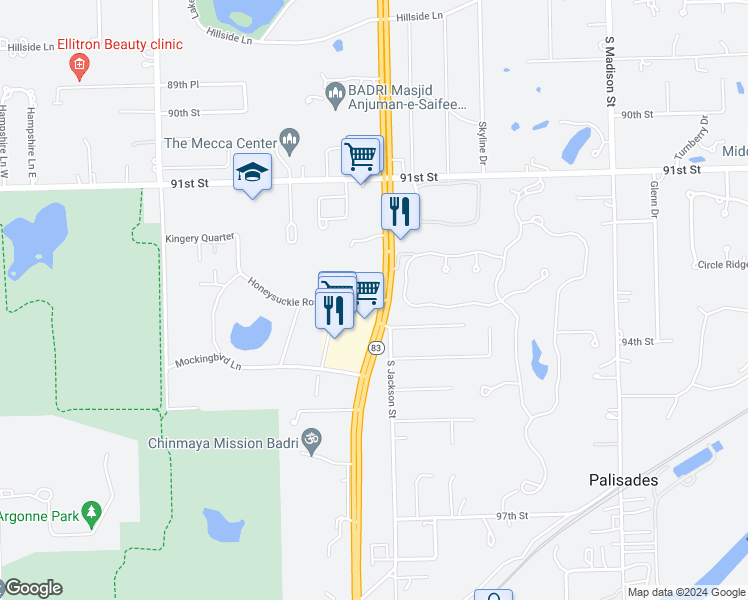 map of restaurants, bars, coffee shops, grocery stores, and more near 19 Honeysuckle Rose Lane in Willowbrook