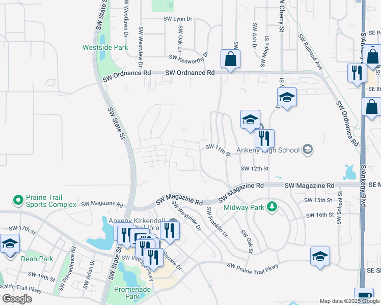 map of restaurants, bars, coffee shops, grocery stores, and more near 1373 Southwest Radcliffe Lane in Ankeny