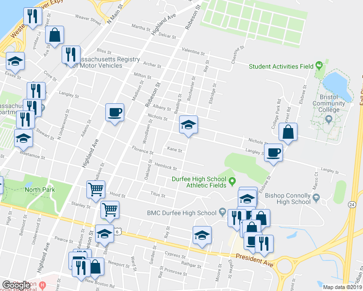 map of restaurants, bars, coffee shops, grocery stores, and more near 71 Renwood Street in Fall River