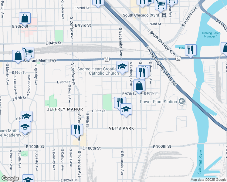map of restaurants, bars, coffee shops, grocery stores, and more near 2840 East 97th Street in Chicago