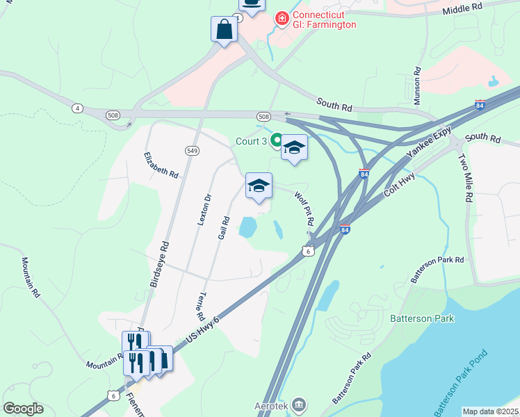 map of restaurants, bars, coffee shops, grocery stores, and more near 25 Wolf Pit Road in Farmington