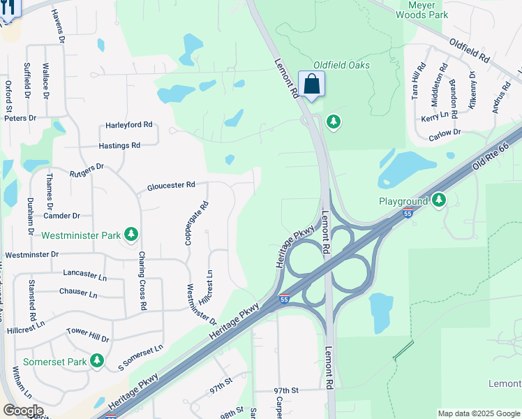 map of restaurants, bars, coffee shops, grocery stores, and more near 8935 Pembrook Way in Woodridge