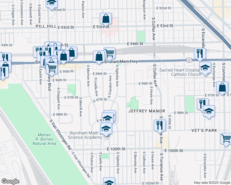 map of restaurants, bars, coffee shops, grocery stores, and more near 9670 South Oglesby Avenue in Chicago