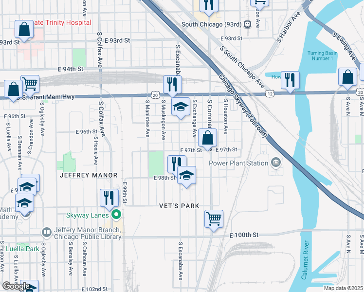 map of restaurants, bars, coffee shops, grocery stores, and more near 9655 South Escanaba Avenue in Chicago