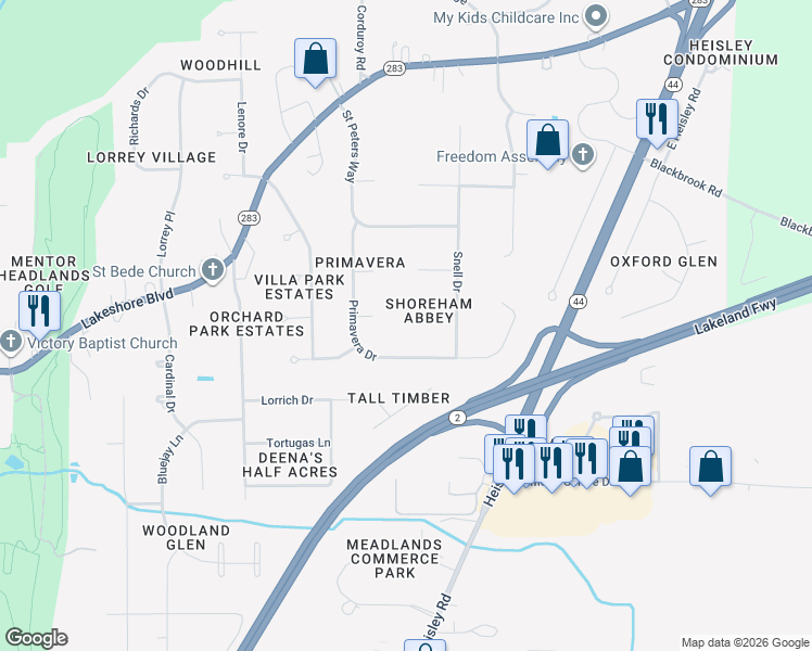 map of restaurants, bars, coffee shops, grocery stores, and more near 9336 Ivan Place in Mentor