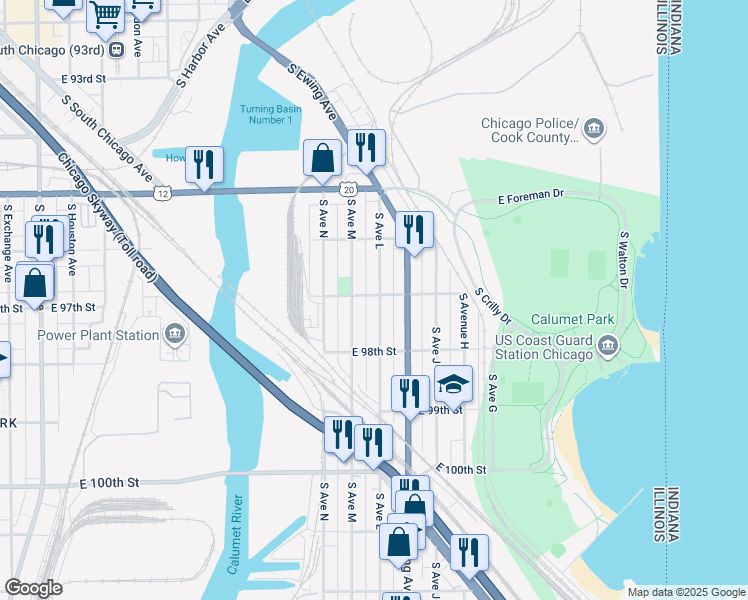 map of restaurants, bars, coffee shops, grocery stores, and more near 9700 South Avenue L in Chicago
