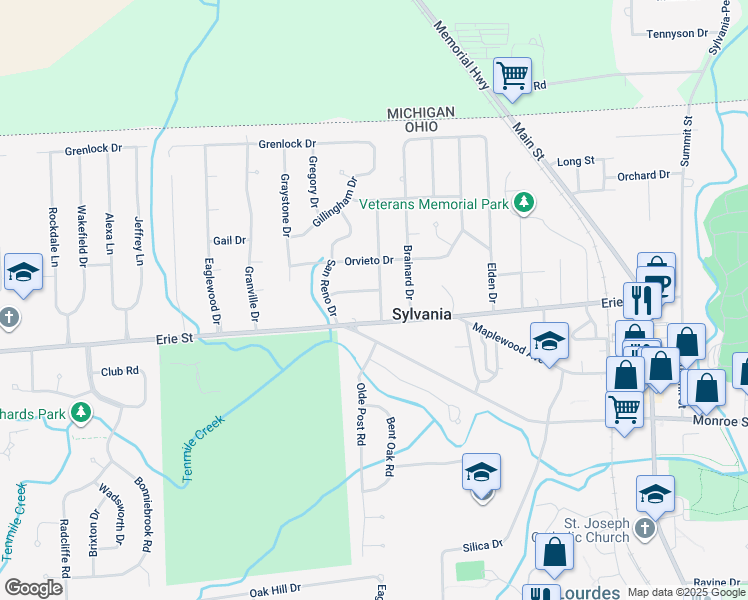 map of restaurants, bars, coffee shops, grocery stores, and more near 5825 Highland View Drive in Sylvania
