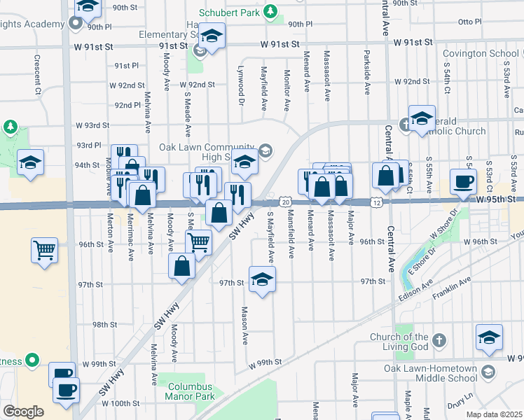 map of restaurants, bars, coffee shops, grocery stores, and more near 5901 W 95th St in Oak Lawn