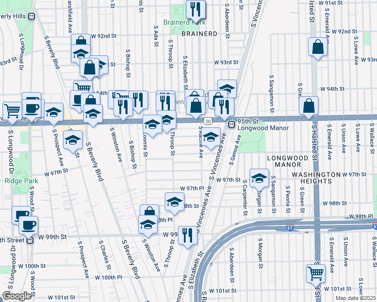 map of restaurants, bars, coffee shops, grocery stores, and more near 1224 West 96th Street in Chicago