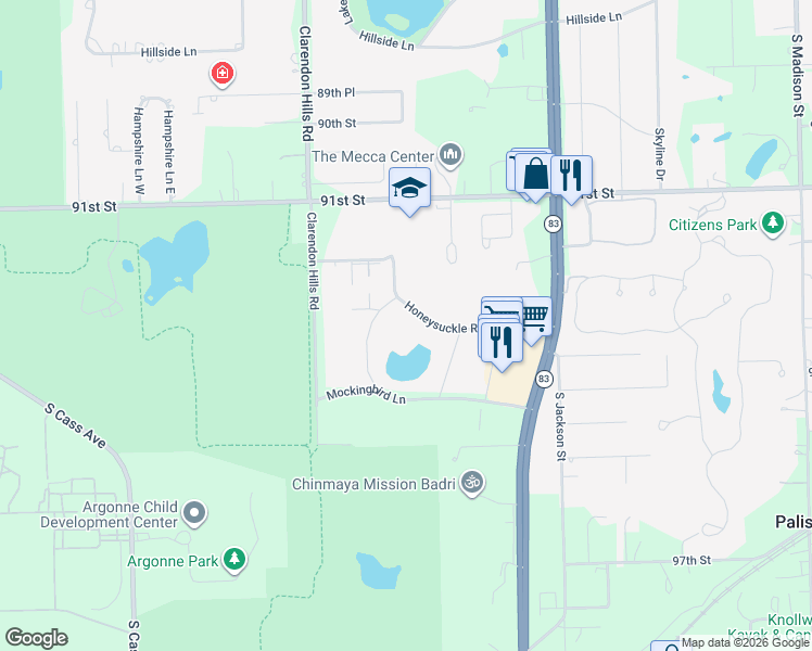 map of restaurants, bars, coffee shops, grocery stores, and more near 610 Honeysuckle Rose Lane in Willowbrook