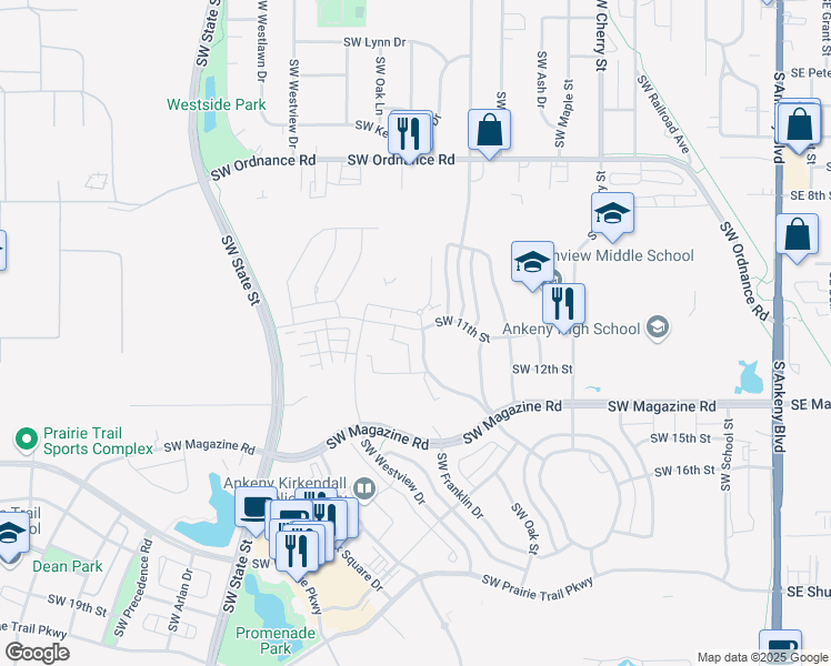 map of restaurants, bars, coffee shops, grocery stores, and more near 1373 Southwest Radcliffe Lane in Ankeny