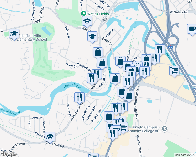 map of restaurants, bars, coffee shops, grocery stores, and more near 700 Providence Street in West Warwick
