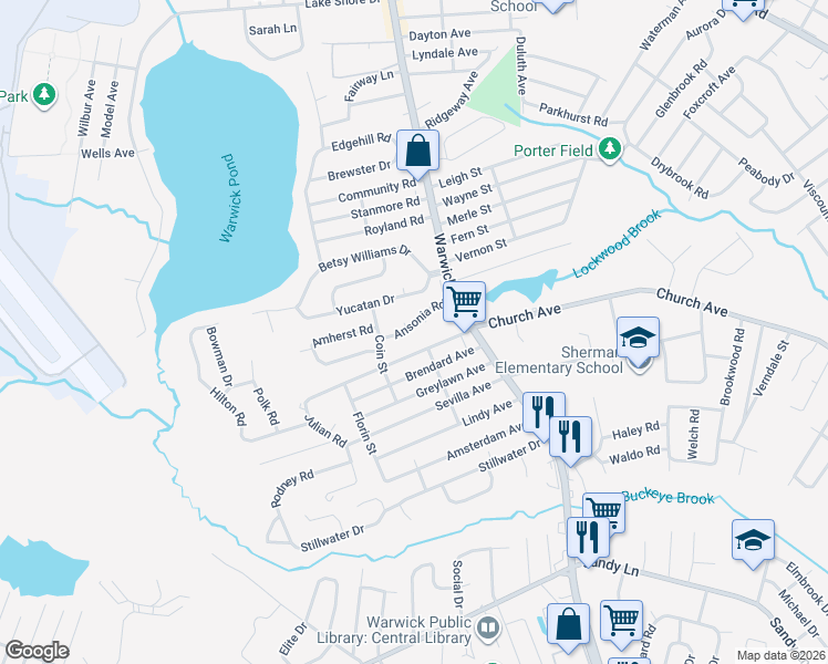 map of restaurants, bars, coffee shops, grocery stores, and more near 40 Ansonia Road in Warwick