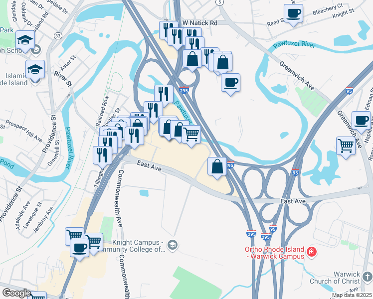 map of restaurants, bars, coffee shops, grocery stores, and more near 650 Bald Hill Road in Warwick