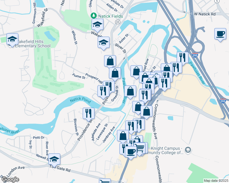 map of restaurants, bars, coffee shops, grocery stores, and more near 699 Providence Street in West Warwick