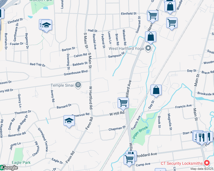 map of restaurants, bars, coffee shops, grocery stores, and more near 30 West Hartford Road in Newington