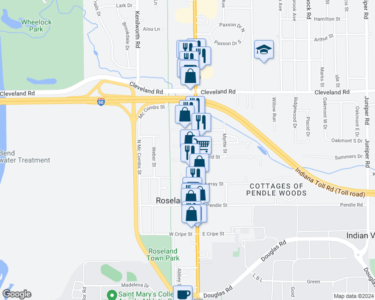 map of restaurants, bars, coffee shops, grocery stores, and more near 118 West Willow Drive in South Bend