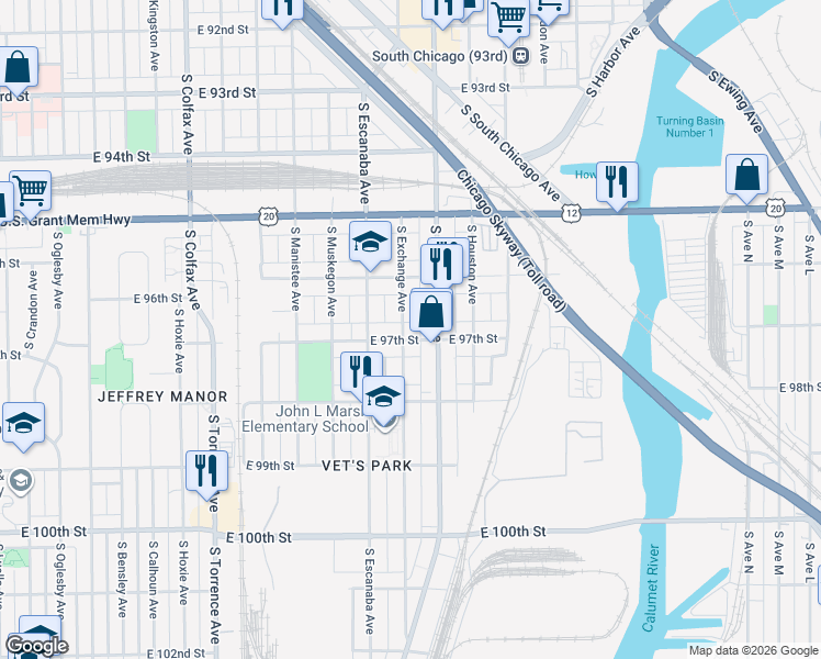 map of restaurants, bars, coffee shops, grocery stores, and more near 9647 South Exchange Avenue in Chicago