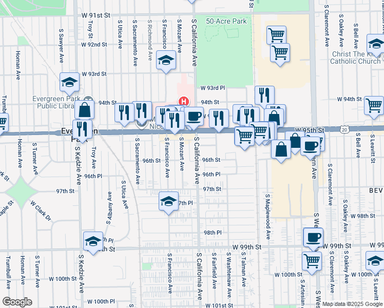 map of restaurants, bars, coffee shops, grocery stores, and more near 9547 South Mozart Avenue in Evergreen Park