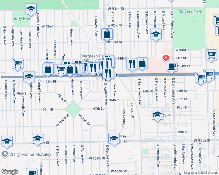 map of restaurants, bars, coffee shops, grocery stores, and more near 9560 South Kedzie Avenue in Evergreen Park