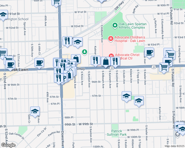map of restaurants, bars, coffee shops, grocery stores, and more near 9510 Kolmar Avenue in Chicago