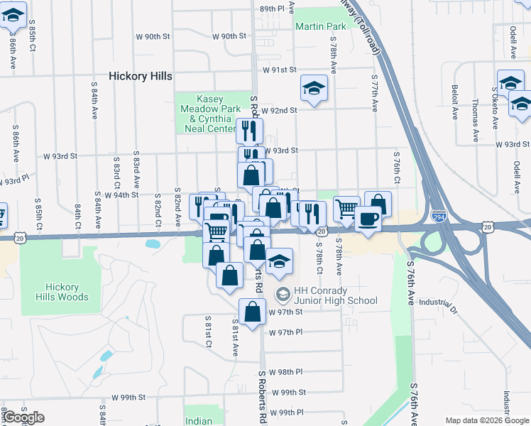map of restaurants, bars, coffee shops, grocery stores, and more near 9421 South Roberts Road in Hickory Hills