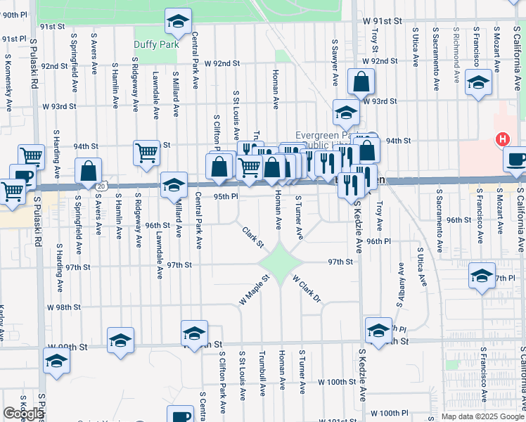map of restaurants, bars, coffee shops, grocery stores, and more near 9532 Trumbull Avenue in Evergreen Park