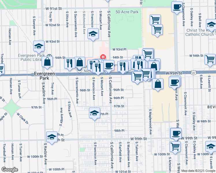 map of restaurants, bars, coffee shops, grocery stores, and more near 9547 South Mozart Avenue in Evergreen Park