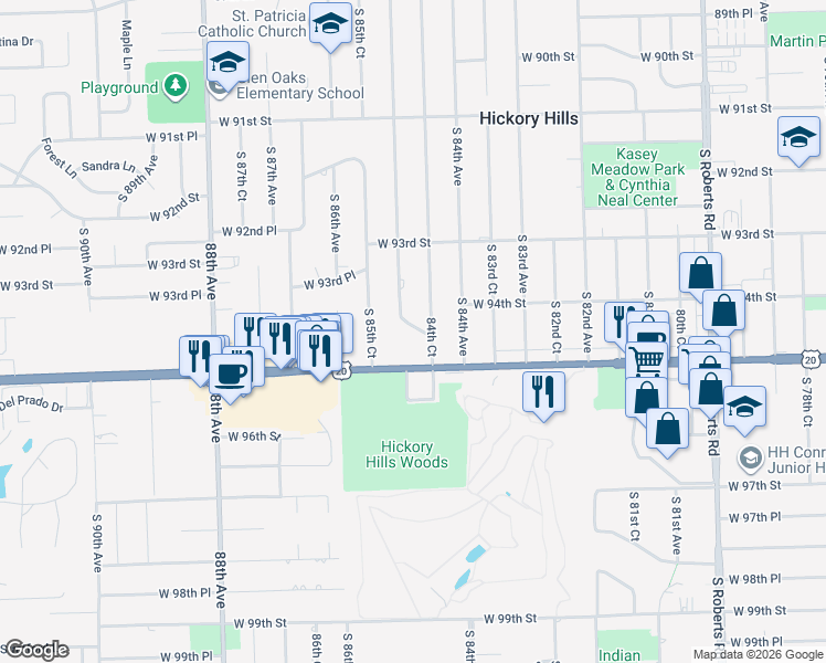 map of restaurants, bars, coffee shops, grocery stores, and more near 8450 Coey Lane in Hickory Hills