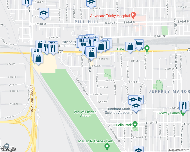 map of restaurants, bars, coffee shops, grocery stores, and more near 9640 South Chappel Avenue in Chicago