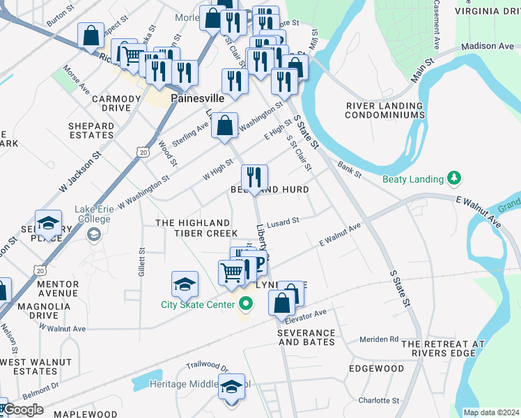 map of restaurants, bars, coffee shops, grocery stores, and more near 287 Liberty Street in Painesville
