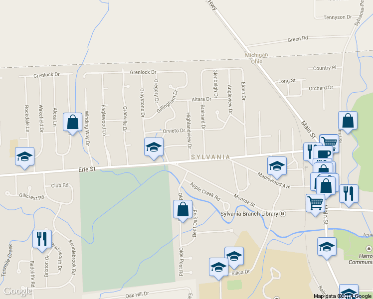 map of restaurants, bars, coffee shops, grocery stores, and more near 5825 Highland View Dr in Sylvania