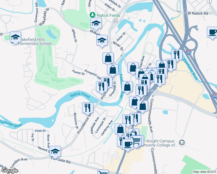 map of restaurants, bars, coffee shops, grocery stores, and more near 700 Providence Street in West Warwick
