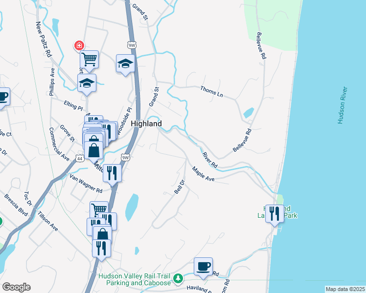 map of restaurants, bars, coffee shops, grocery stores, and more near 18 Maple Avenue in Highland