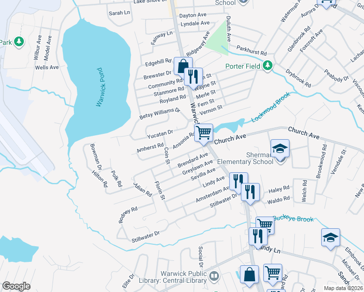 map of restaurants, bars, coffee shops, grocery stores, and more near 40 Ansonia Road in Warwick