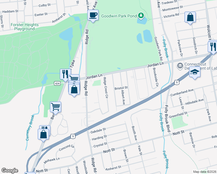 map of restaurants, bars, coffee shops, grocery stores, and more near 40 Ridge Crest Circle in Wethersfield