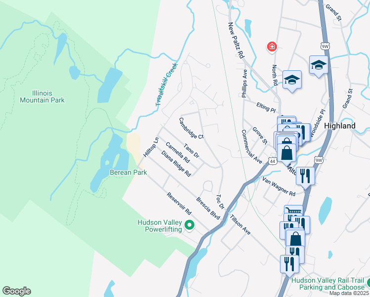 map of restaurants, bars, coffee shops, grocery stores, and more near 17 Tano Drive in Highland