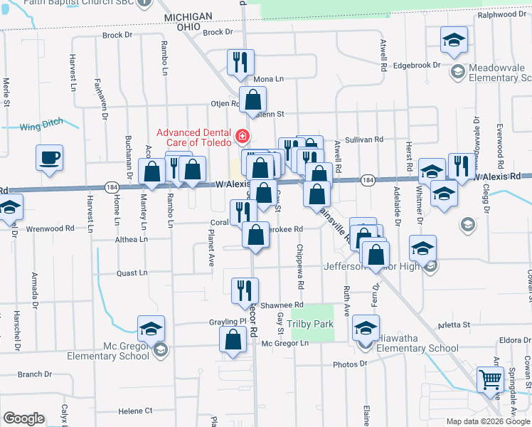 map of restaurants, bars, coffee shops, grocery stores, and more near 5720 Secor Rd in Toledo