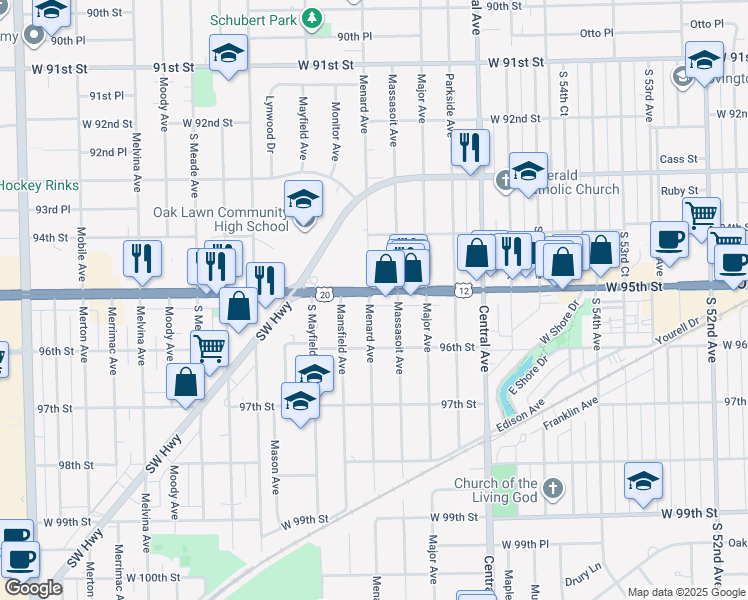 map of restaurants, bars, coffee shops, grocery stores, and more near 5769 95th Street in Oak Lawn