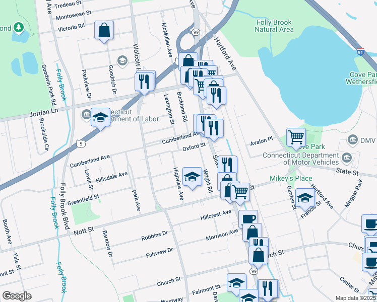map of restaurants, bars, coffee shops, grocery stores, and more near 30 Oxford Street in Wethersfield