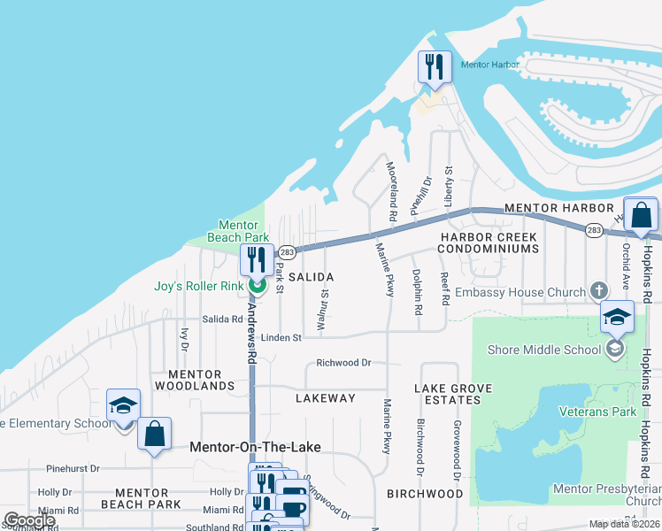 map of restaurants, bars, coffee shops, grocery stores, and more near 5579 Walnut Street in Mentor-on-the-Lake