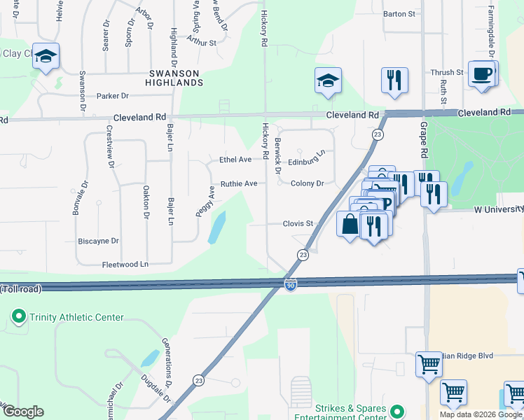 map of restaurants, bars, coffee shops, grocery stores, and more near 53301 Hickory Road in South Bend