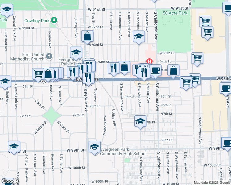 map of restaurants, bars, coffee shops, grocery stores, and more near 9539 S Utica Ave in Evergreen Park